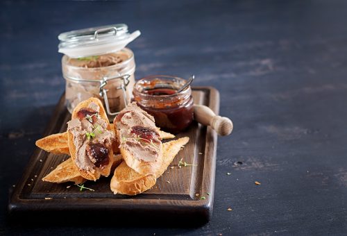 Chicken Homemade Liver Paste Or Pate In Glass Jar With Toasts And Lingonberry Jam With Chili. Copy Space